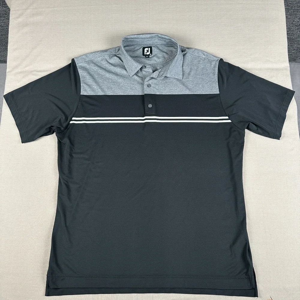 FootJoy Polo Shirt Mens Large Black Gray Colorblock Double Chest Band Pique 2XL